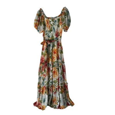 Baltic Born Britney Tiered Floral Maxi Dress Chiffon Short Sleeve Smocked Size M - Image 1 of 4