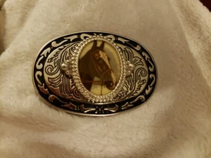 Vintage 1970's Western Silver Tone Oval Belt Buckle With Horse Head Made In USA - Picture 1 of 6