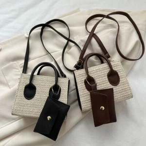 Square Grass Woven Crossbody Bag Top-Handle Small Purses Handbags Travel' - Picture 1 of 16