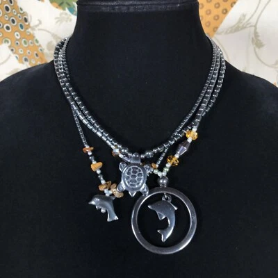 3 Hematite Beaded Necklace Lot Dolphin Turtle Pendant Gray Grounding Healing - Image 1 of 4