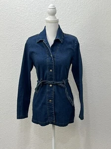 Vintage Y2K Size 9 Denim Button Down Coat JLO Dark Wash Stretchy Belt Coat 00s - Picture 1 of 6