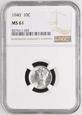 1940 Philadelphia Mint Mercury Dime 10 Cents NGC MS 61 - Image 1 of 2