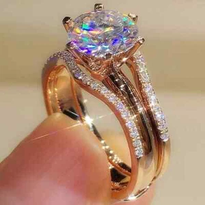 Round Cut Lab Created Diamond Engagement Band Bridal Ring Set 14k Rose Gold Over - Picture 1 of 1