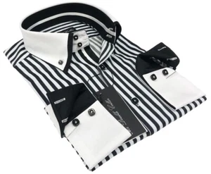 MENS ITALIAN DESIGN BLACK PINSTRIPED DOUBLE COLLAR SHIRT - Picture 1 of 6