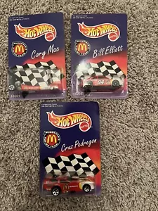 3 Hot Wheels McDonalds Racing Team Cars Elliot Pendregon Mac 1996 NOC - Picture 1 of 4