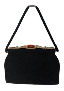 Vintage französische Marguerite Fresse verzierte gerahmte schwarze Handtasche - Bild 1 von 9