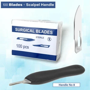 100 hojas estériles de bisturí #60 + mango de plástico #8 - dental quirúrgico post mortem - Imagen 1 de 4