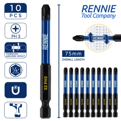 PH3 75mm Long Magnetic Impact Duty Screwdriver Drill Driver Bits Phillips No. 3 - Image 1 of 4