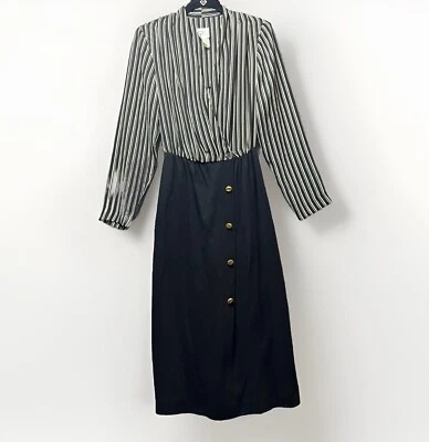 Vestido Popovich Vintage Mujer Talla 10 Negro Rayas Secretaria Manga Larga Trabajo Foto 1 de 4