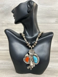 Vintage Sterling Silver Necklace – Turquoise Coral Native Style Bead (PO1012157) - Picture 1 of 8