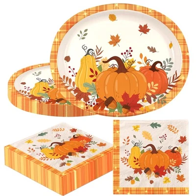 Platos de papel de calabaza de otoño, servilletas, sirve 50, platos ovalados de guinga 10x12 Foto 1 de 4