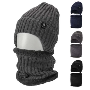 Winter Beanie Mütze Schal Set warm Strick dick Fleece gefüttert Mütze Halswärmer für HERREN - Bild 1 von 15