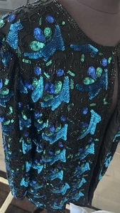 Laurence Kazar Damen 1X Seide Pailletten Abend Jacke Blazer wunderschön blau grün - Bild 1 von 5