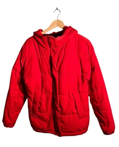 Pull and Bear Puffer Coat Mens Size S Red Full Zip Snap Button Hooded Outdoors - Picture 1 of 11