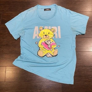 AMIRI Teddy T-Shirt Mens Size XS (Fits M) Aqua Distressed Shotgun Made In USA - Foto 1 di 21
