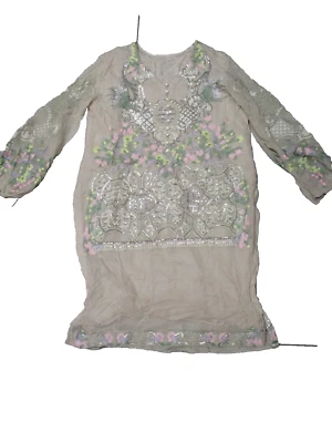 Винтаж? Boho богемный желтовато-коричневый и пастельные цветы пуловер платье туника индийский ручной работы - Изображение 1 из 4