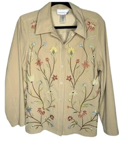 Susan Graver Womens Embroidered Shirt Small Tan Floral Button Up L/S - Picture 1 of 5