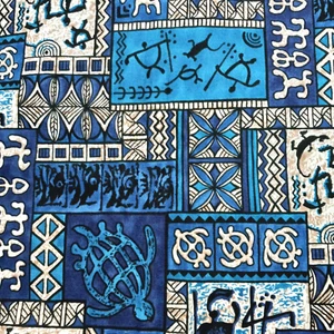 Blue Beige Tropical Ethnic Hawaii Vintage 1995 Trendtex Cotton Print 3.5 Yard - Picture 1 of 4