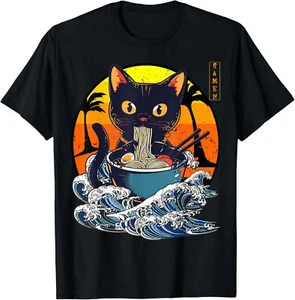 Funny Kawaii Cat Eating Ramen Noodles Japanese Art Anime T-Shirt - Picture 1 of 5