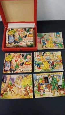 Vintage Snow White Fairy Tales Wood Block Cube Puzzle w Box Pictures W. Germany - Image 1 of 4