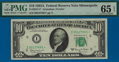 1963A $10 Federal Reserve Note PMG 65EPQ rare 1 of 10 Minneapolis star Fr 2017-I - Image 1 of 3