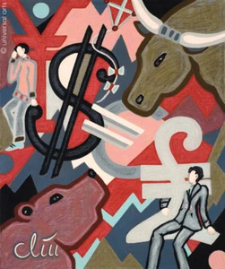 JACQUELINE DITT - Bulle und Bär DRUCK mittelgr. n.Gemälde Dax Börse Aktienkurse - Bild 1 von 3