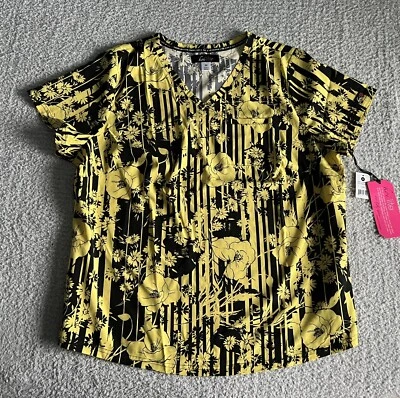 Koi Lite Scrub Top Women’s Sz 2X Yellow Elegant Abstract Floral Stretch Nursing - Image 1 of 4