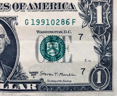 1991 28 June:  Birthday Note One Dollar Bill Fancy Serial Number G 1991-0-28-6 F - Image 1 of 3