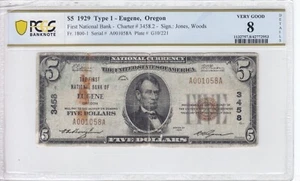 1929 First National Bank Eugene OR $5 Note CH# 3458 PCGS VG8 Details A001058A - Picture 1 of 2
