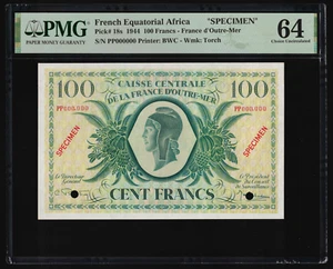 French Equatorial Africa 1944 - 100 Francs P#18s **Specimen** PMG Choice UNC 64 - Picture 1 of 2