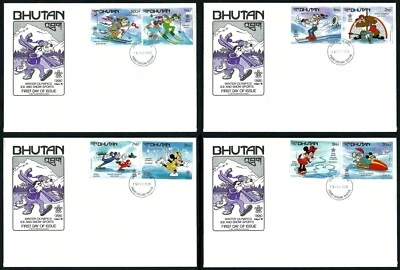 BHUTAN, SCOTT # 631-638, SET OF 4 FDC COVERS 1988 DISNEY & WINTER OLYMPICS - Image 1 of 4