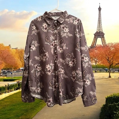 Blusa Floral Paisley Con Botones Para Mujer Talla XXL Mangas Largas Taupe/Gris Crema Foto 1 de 4