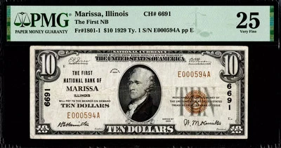 $10 1929 The First National Bank of Marissa, IL Ch# 6691 Unique Gift PMG VF 25 - Image 1 of 2