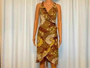 ZARA Basic Size S Linen Wrap Dress Brown Tan Yellow White adorned with Ruffle - Picture 1 of 17