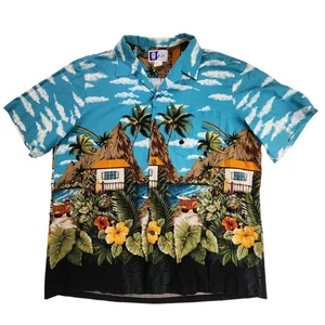 VTG RJC Shirt Mens XL Blue Hawaiian Aloha Camp Palm Hibiscus Made in Hawaii USA - Picture 1 of 9