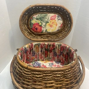 Vtg Oval Shaped Picnic Sewing Basket Woven Wicker Rattan Handles Fabric Lined Lg - Picture 1 of 20