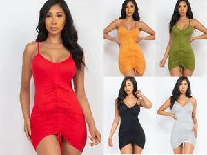 Women Ruched Front Cami Tank Top Mini Dress Spaghetti Strap Soft Stretch Tunic - Picture 1 of 21
