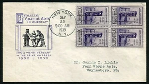USA, SCOTT # 857, FDC COVER BLOCK PRINTING - COLONIAL AMERICA GRAPHIC ARTS 1939 - Picture 1 of 1