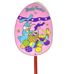 Vintage Easter Decoration Sign Egg Shape on Stick Garden Yard Decor Bunny - Picture 1 of 7