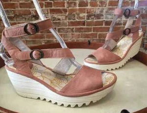 Fly London Rose Pink Leather Yisk Multi Strap Wedge Sandals 40 9/9.5 New - Picture 1 of 3