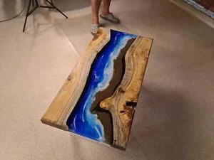 48"x24" Blue Ocean Wave Epoxy Resin Dining Table Acacia Wooden Live Edge Decors - Picture 1 of 8