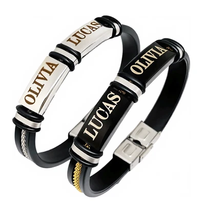 Custom Couple Bracelets – Engraved Name Gift for Him & Her, Silicone Band - Image 1 of 4