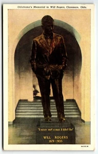 Postcard Oklahoma's Memorial to Will Rogers Claremore OK "I never met a man" - Picture 1 of 2