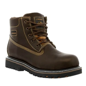 Mens Steel Toe Work Boots Brown Genuine Leather Lace Up Slip Resistant - Picture 1 of 6