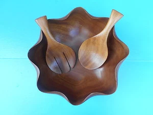 Vintage 3 Pcs Genuine Monkey Pod Wood Scalloped Salad Bowl with Salad Tossers m - Picture 1 of 1