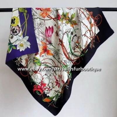Sallys Twill Silk ~18 Momme~ Double Face Scarf Stole Flowers Print Shawl 35" - Image 1 of 4