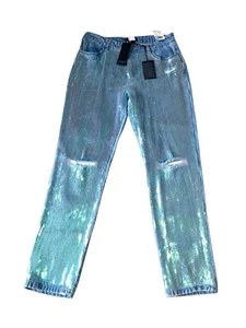 NWT  WOMENS FOREVER 21 STRAIGHT LEG JEANS Iridescent SEQUIN covered Front sz 26 - Picture 1 of 8