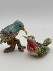 Set/2 Bird Jeweled Trinket Box Enamel Painted Colorful Crystal Hinged - Picture 1 of 16