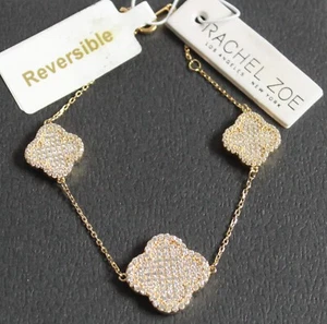 Rachel Zoe Triple Clover CZ Gold Plated Sterling Silver Bracelet Reversible - Picture 1 of 5