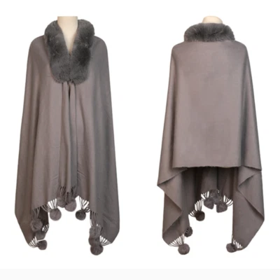Lady Faux Fur Scarf Thermal Knit Shawl Pompom Poncho Solid Color Cape Warm Chic - Image 1 of 4